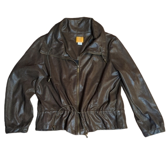 Brown Vegan leather textured cinch waist chic Bomber jacket. Sz 14 - Picture 7 of 8